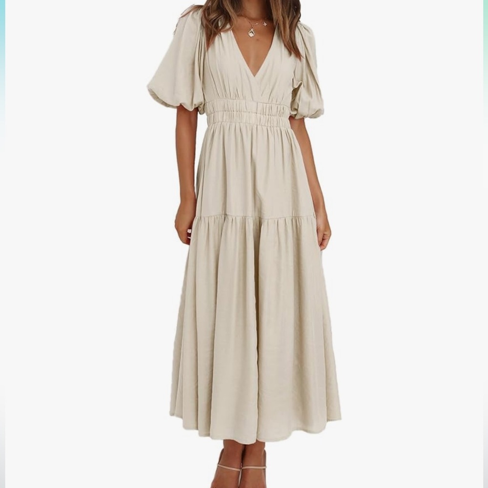Women's Cream Midi Dress with Puff Sleeves